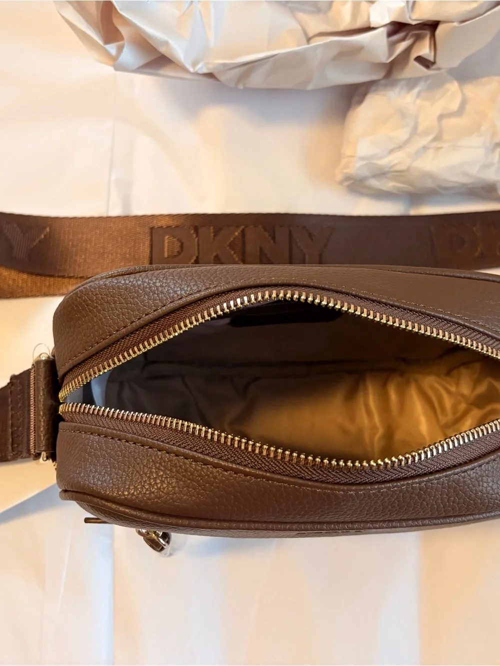 NWT DKNY Logo Crossbody Camera Bag Monogram Brown Chino/Chocolate